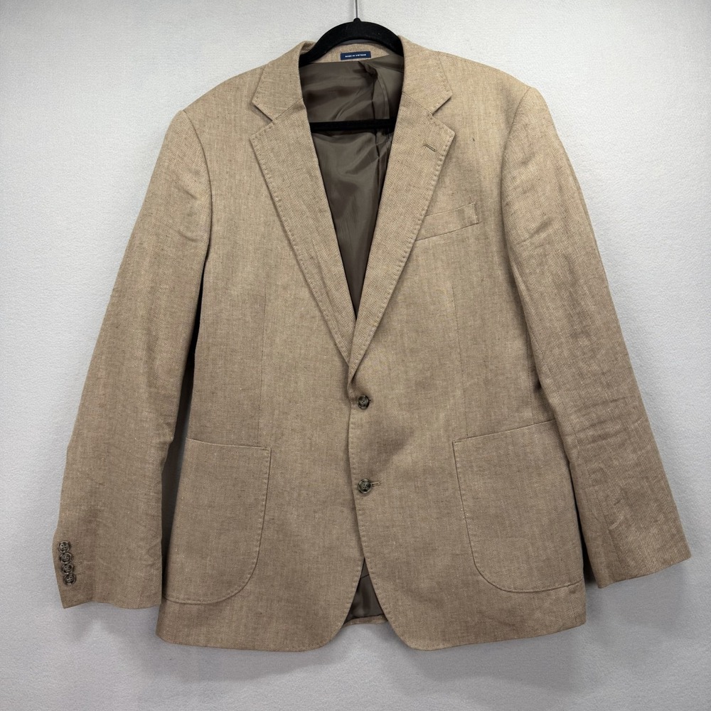 Stafford Blazer Jacket Mens 46 Beige Herringbone Classic Fit Linen Blend Coat